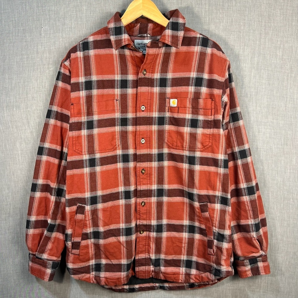 Carhartt Relaxed Fit Flannel Shirt Jacket Brown Plaid Pockets Sz M